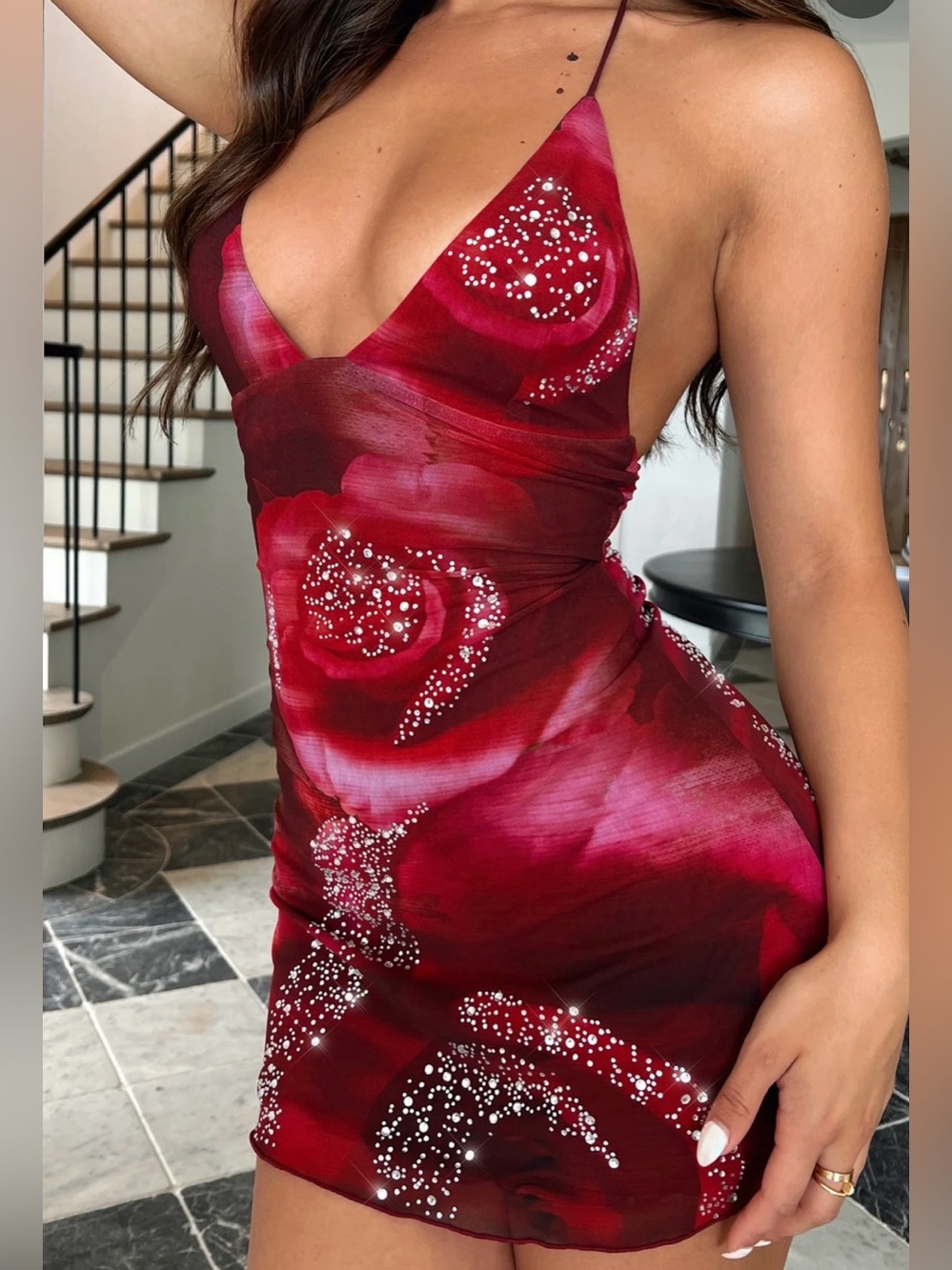 White Fox Boutique Red Floral Slip Mini Dress with Rhinestone Detail